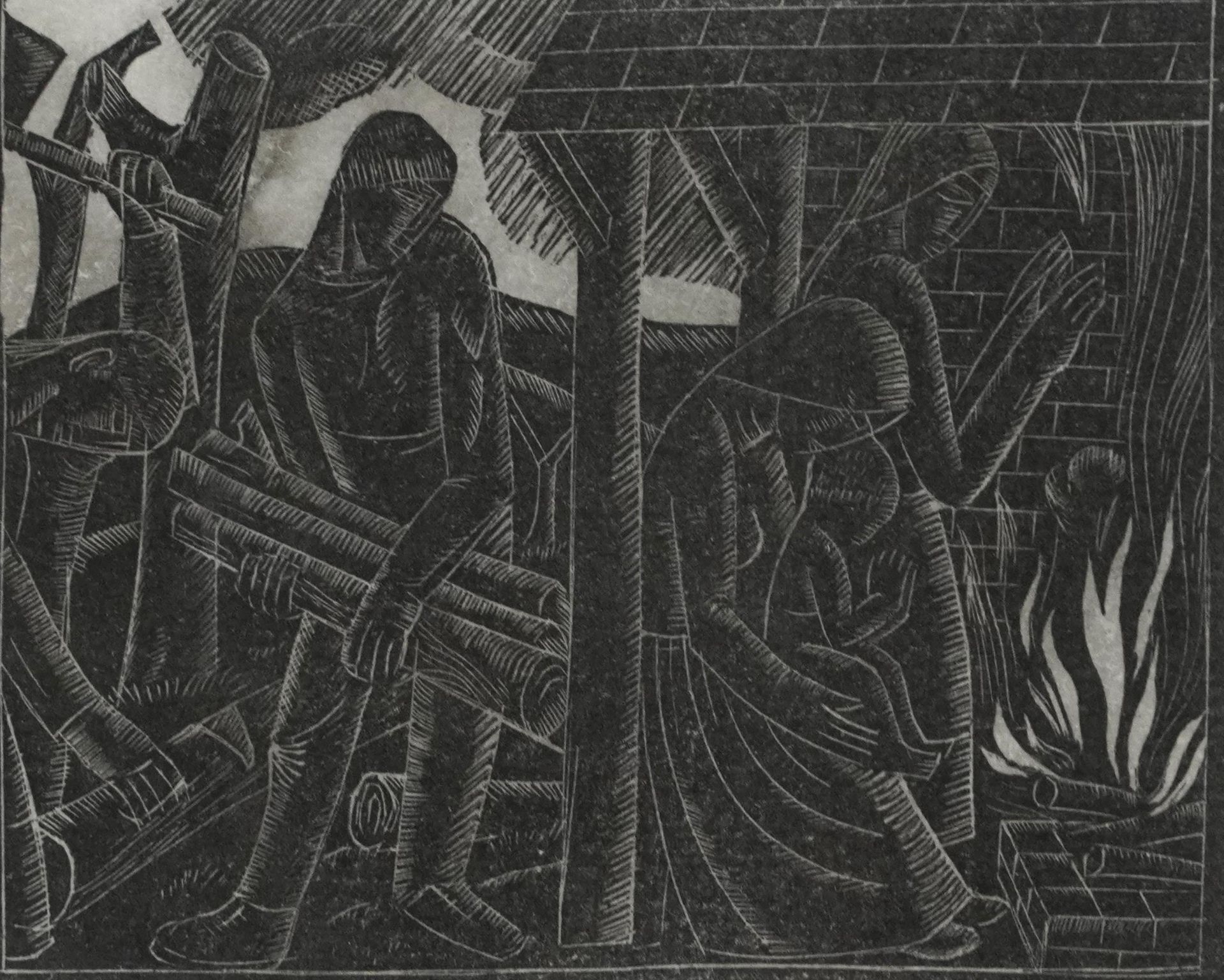 After David Jones - Family at the Hearth, wood engraving, inscribed verso, published by St Dominic's