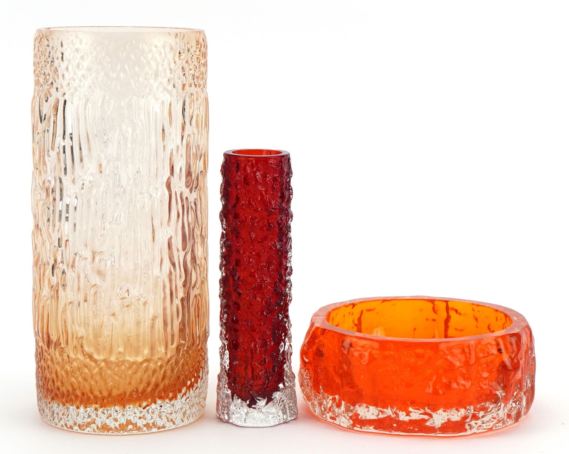 Whitefriars bark design ashtray, red glass vase and similar bark design vase, the largest 21cm high - Image 2 of 3