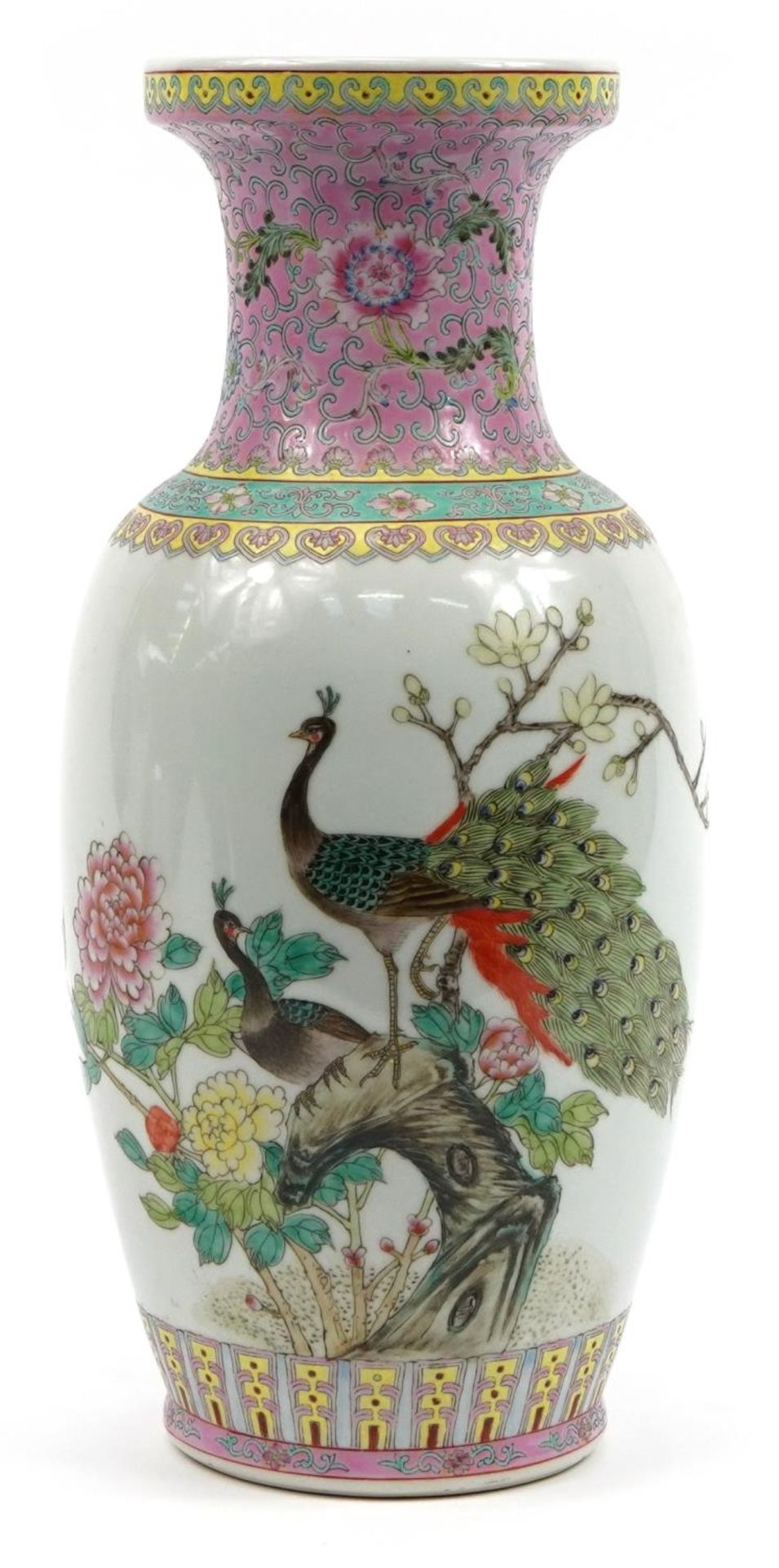 Large Chinese porcelain vase hand painted in the famille rose palette with peacocks and calligraphy,