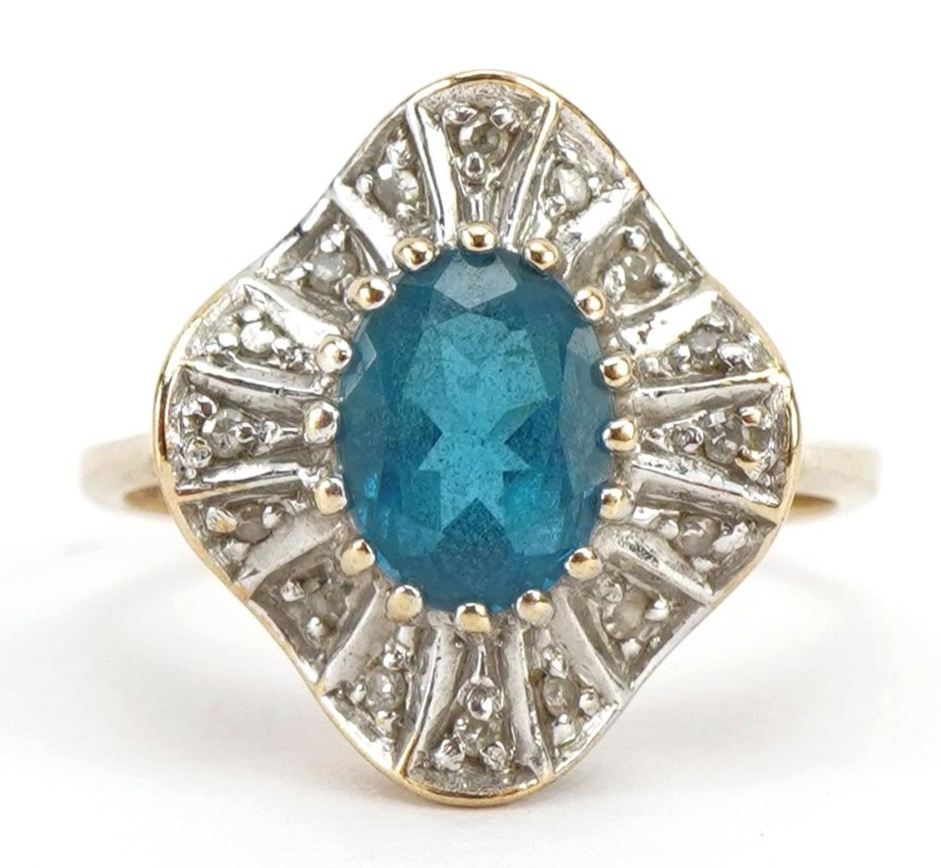 9ct gold blue topaz and diamond cluster ring, size L, 3.2g