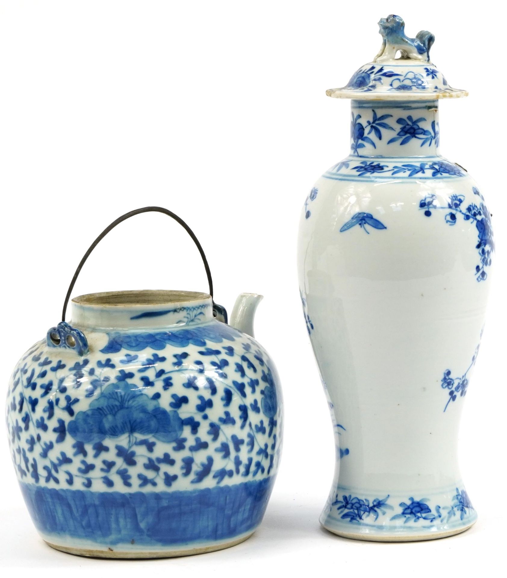 Chinese blue and white porcelain comprising a baluster vase and teapot, the largest 31.5cm high - Image 2 of 3