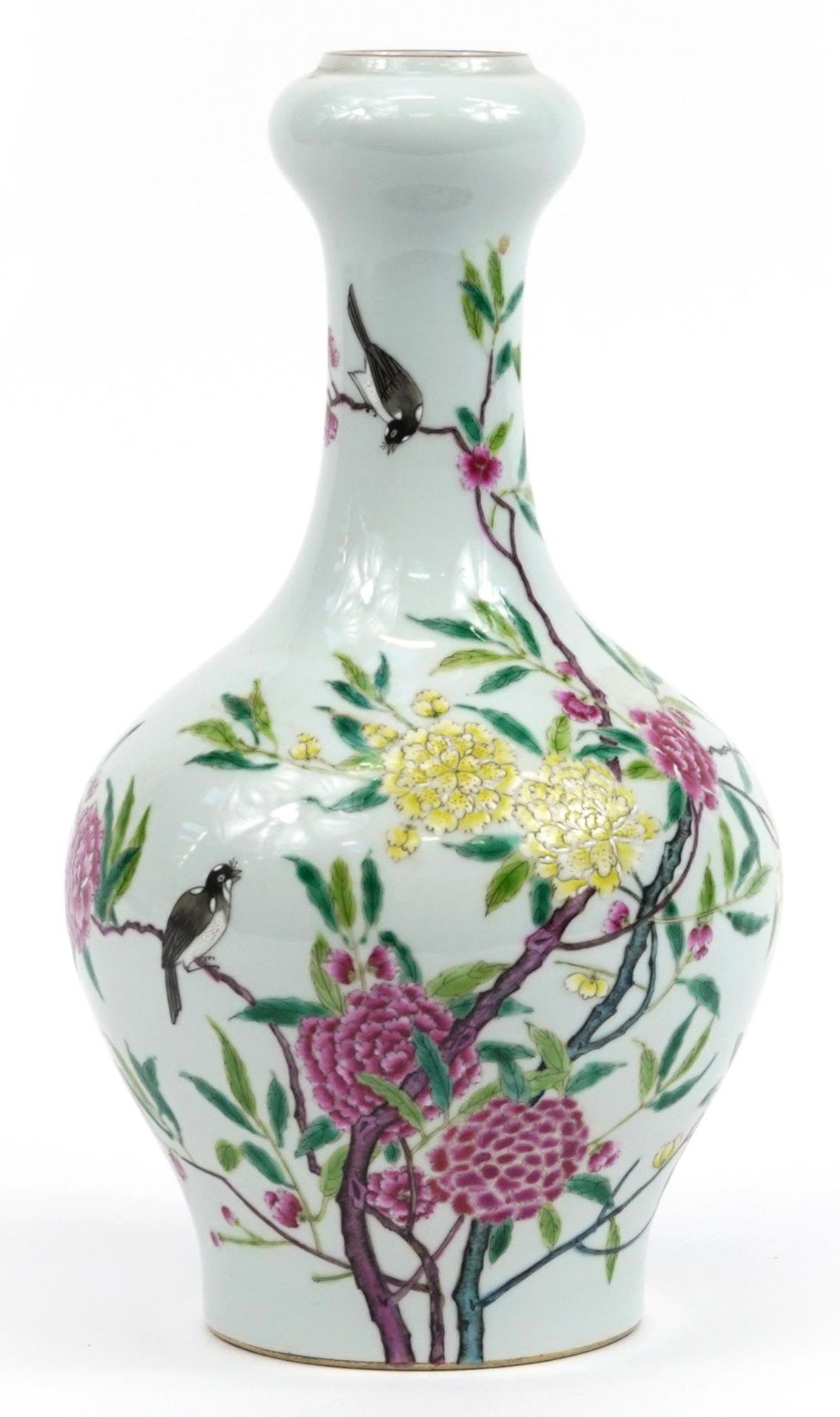 Chinese porcelain garlic head vase hand painted in the famille rose palette with birds amongst