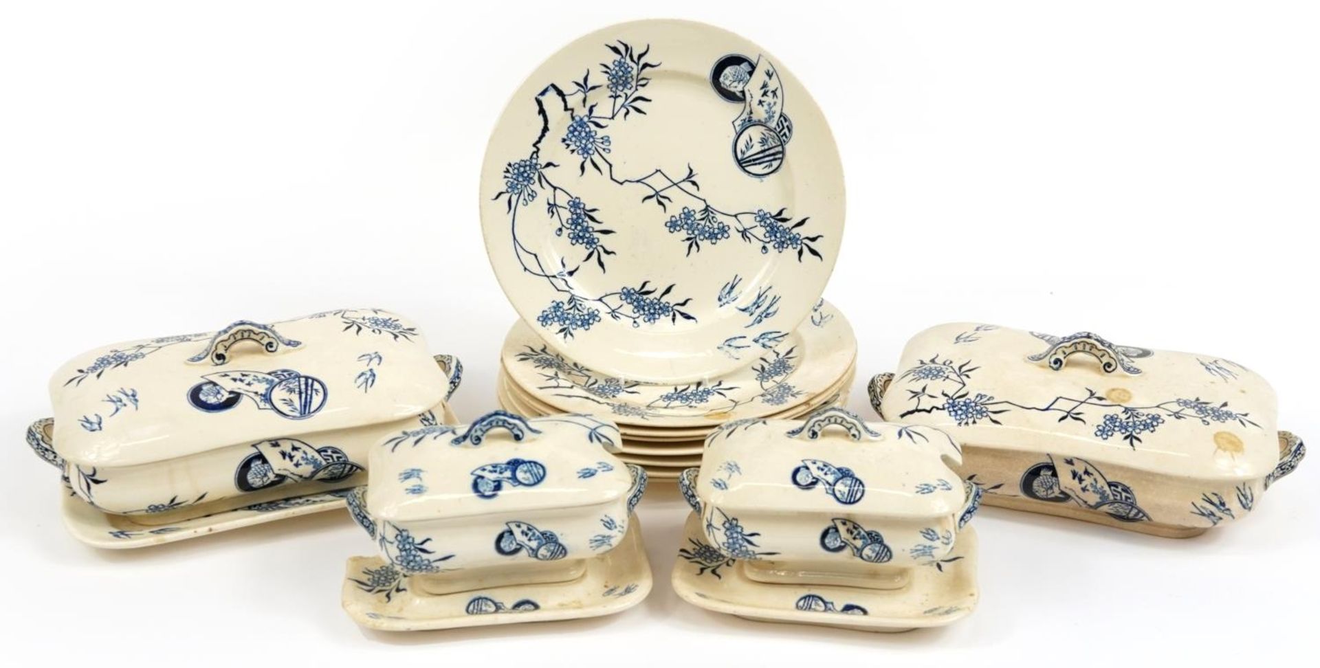 Doulton Lambeth, Doulton Spray aesthetic dinnerware including four tureens and plates, the largest