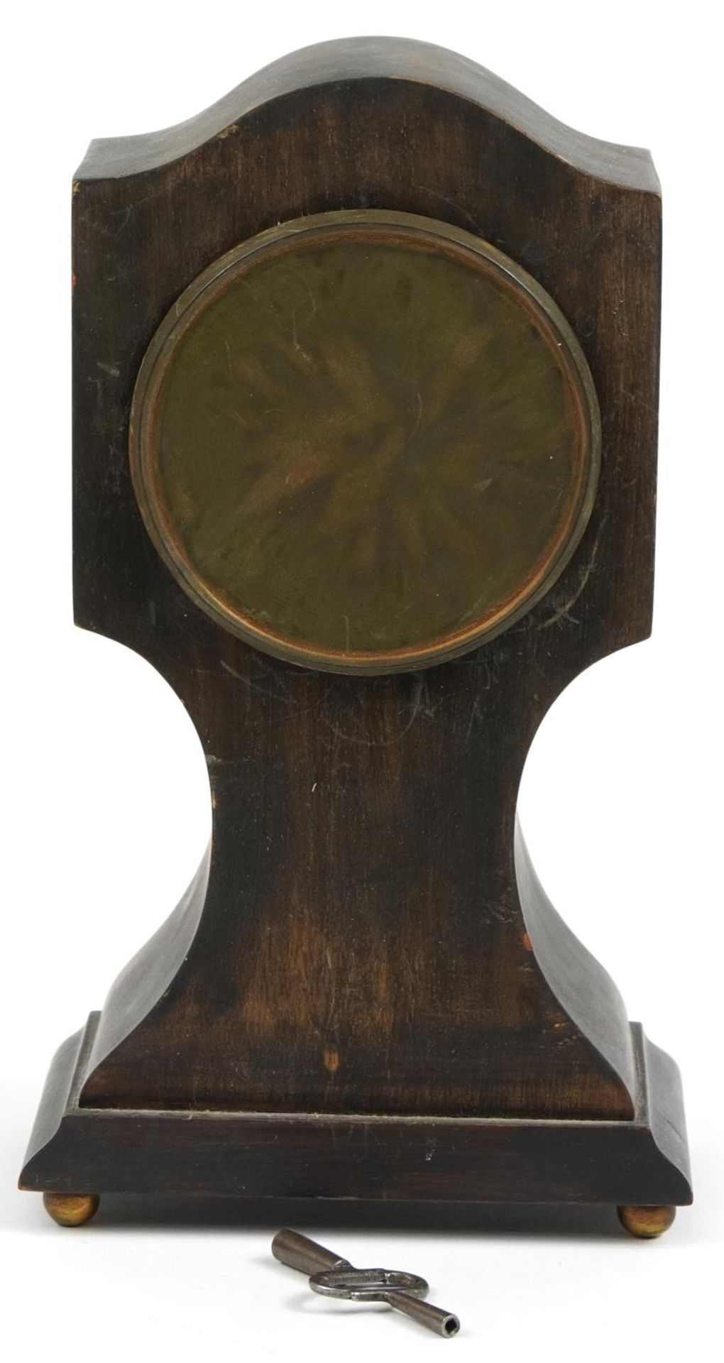 Edwardian inlaid mahogany mantle clock, the enamelled dial having Arabic numerals, 25cm high - Image 3 of 5