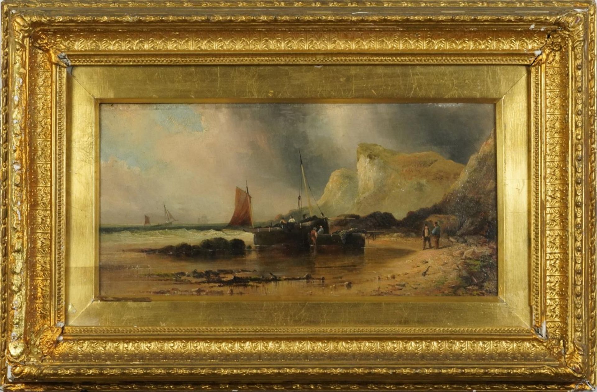 W Wall - Moored fishing boats with figures, pair of 19th century oil on canvasses, T Vintiner labels - Bild 3 aus 10