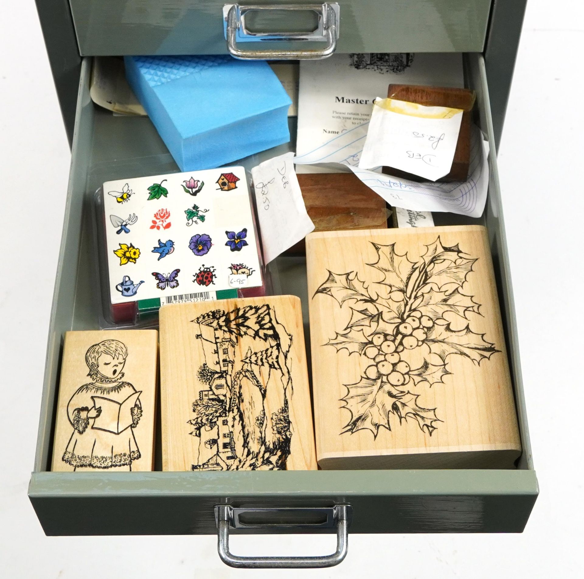 Large collection of wooden printing blocks and ink stamps housed in a Bisley ten drawer filing - Image 9 of 13