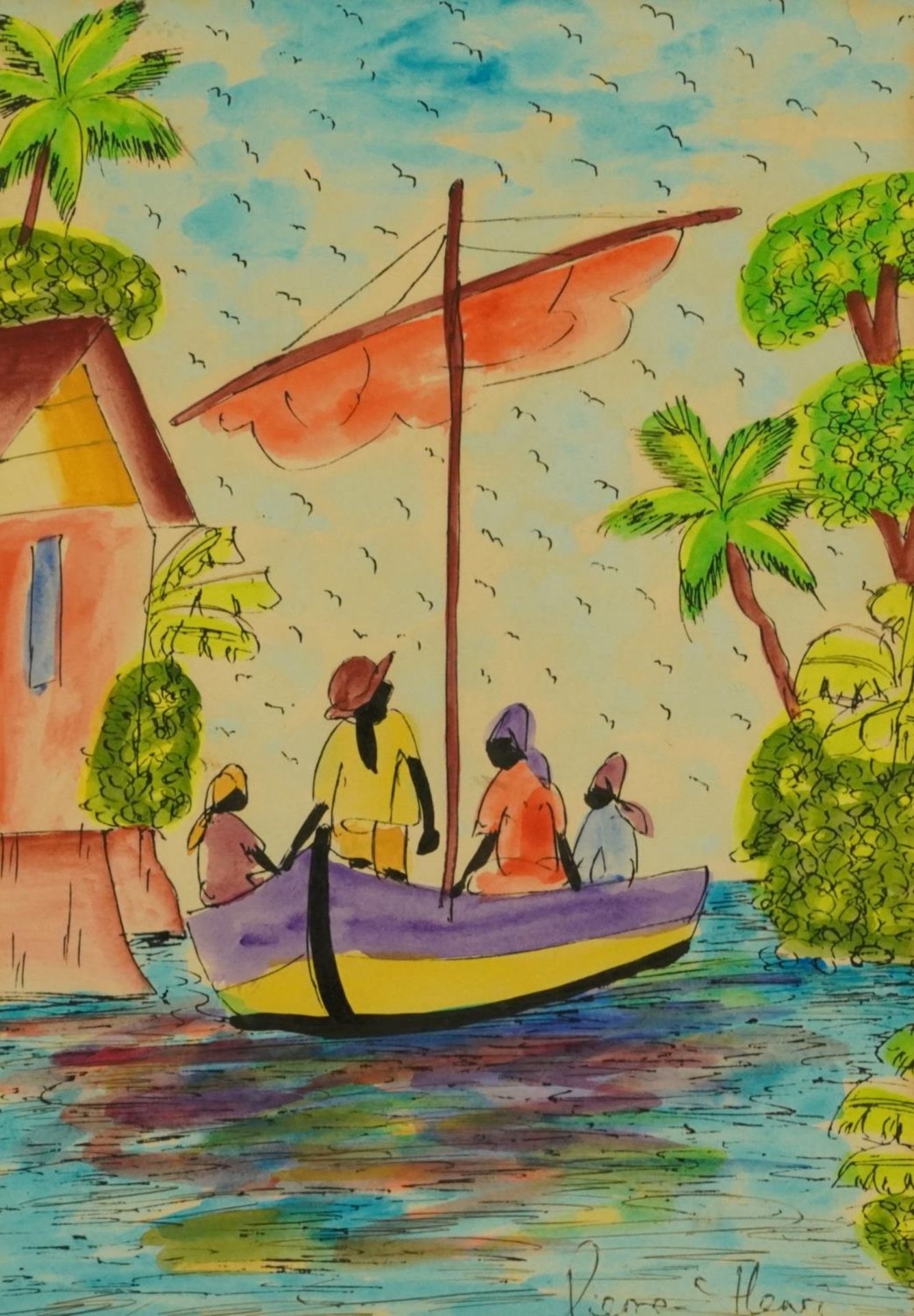 Figures carrying fruit and figures in a boat, pair of African school ink and watercolours, one - Image 6 of 9