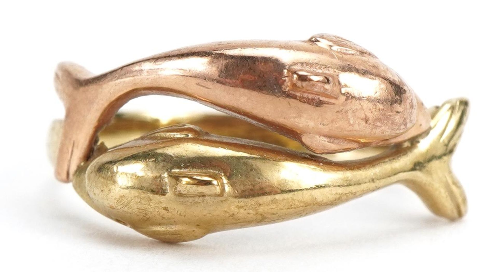 9ct two tone gold dolphin design crossover ring, size P, 2.7g