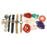 Antique and later jewellery and wristwatches including coral necklaces, amber necklace, Camy,