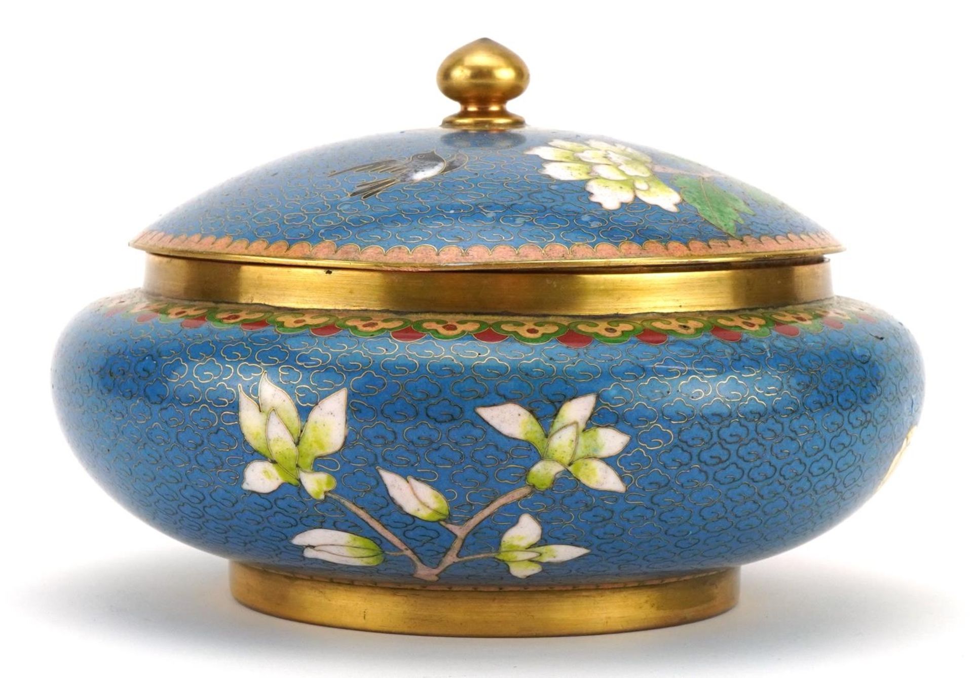 Chinese cloisonne bowl and cover enamelled with birds amongst flowers, 17cm in diameter - Image 2 of 3