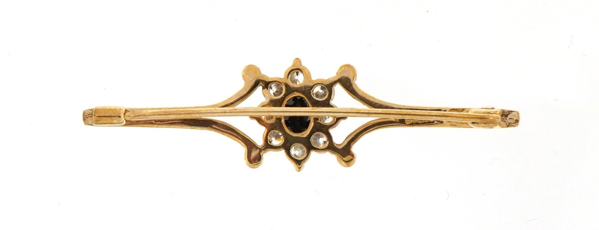 9ct gold sapphire and clear stone flower head bar brooch, 4.2cm wide, 2.0g - Image 2 of 3