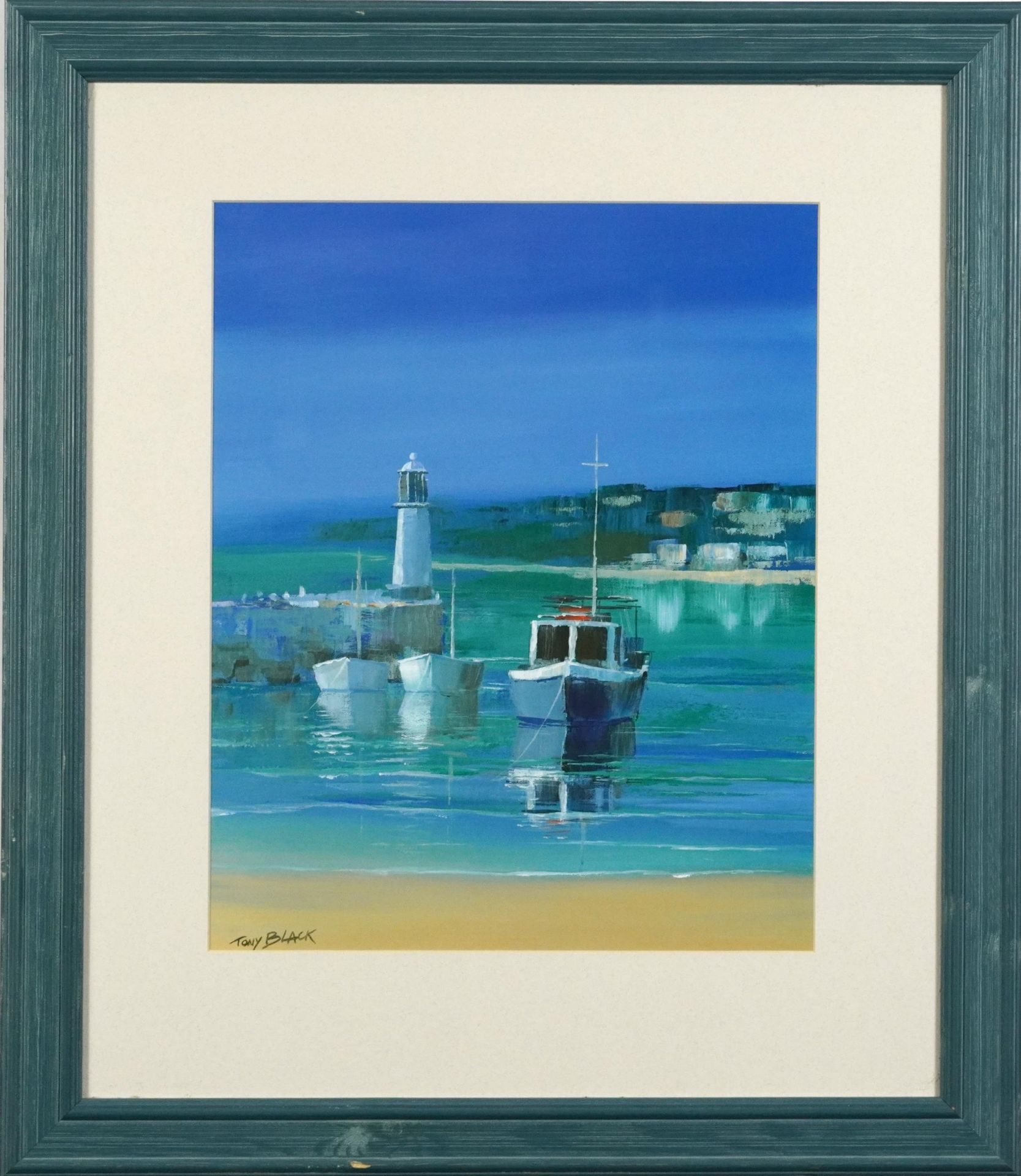 Tony Black - Moored boats before a lighthouse, signed St Ives school gouache, mounted, framed and - Image 2 of 4