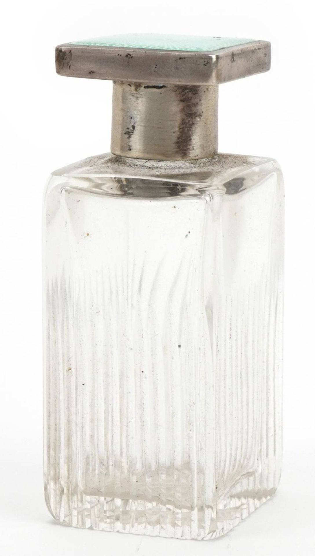 William Neale & Son Ltd, Art Deco cut glass scent bottle with silver and green guilloche enamelled