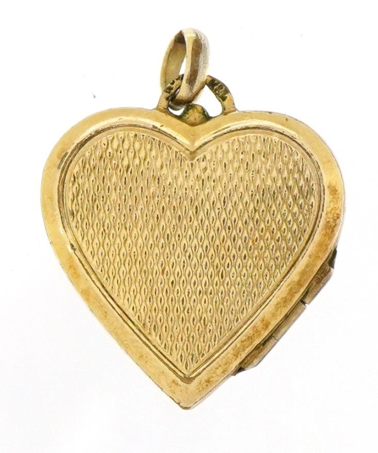 Gold love heart locket with engraved decoration indistinctly stamped to the suspension loop, 2.2cm - Bild 3 aus 4