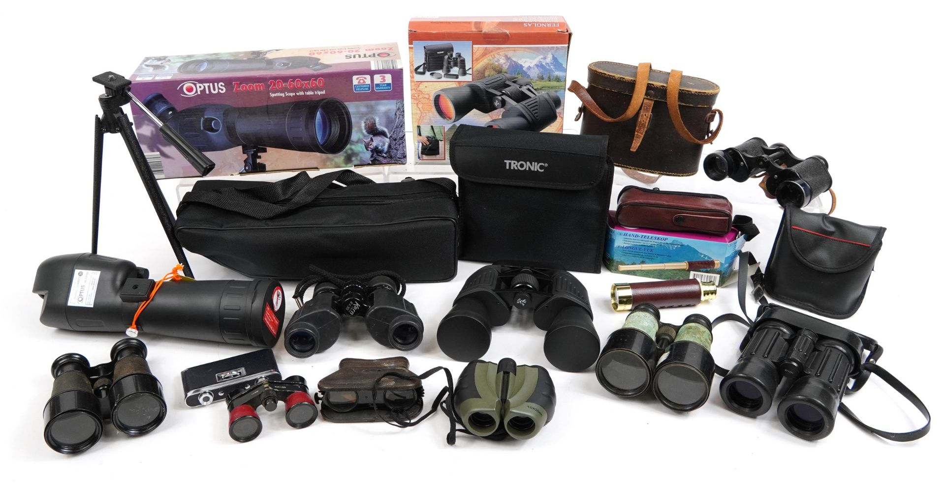 Collection of vintage and later binoculars and scopes including The Camp Binocular by J H Steward,