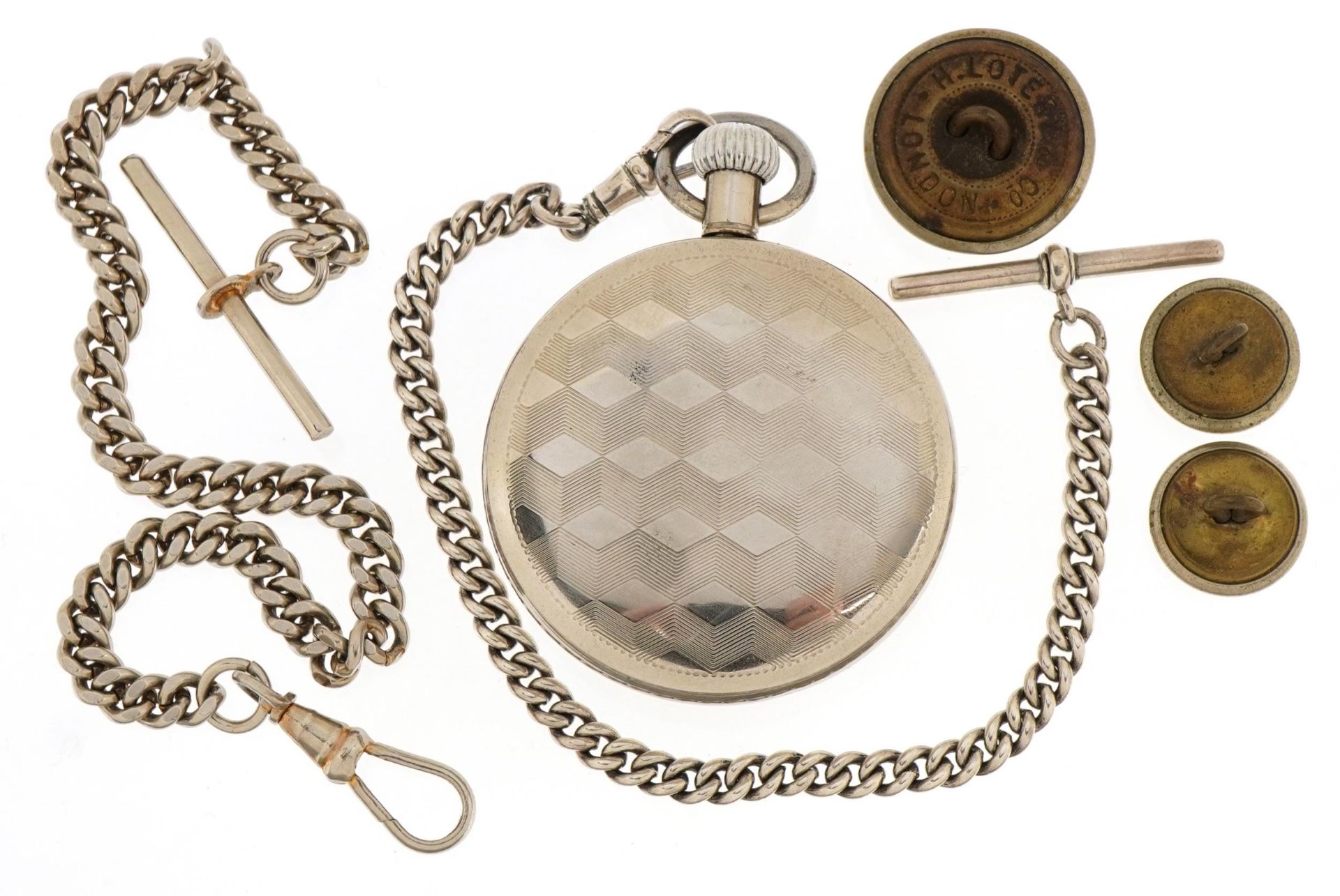 Railway Timekeeper open face pocket watch with silver watch chain, one other chain and three LB & SC - Image 2 of 2