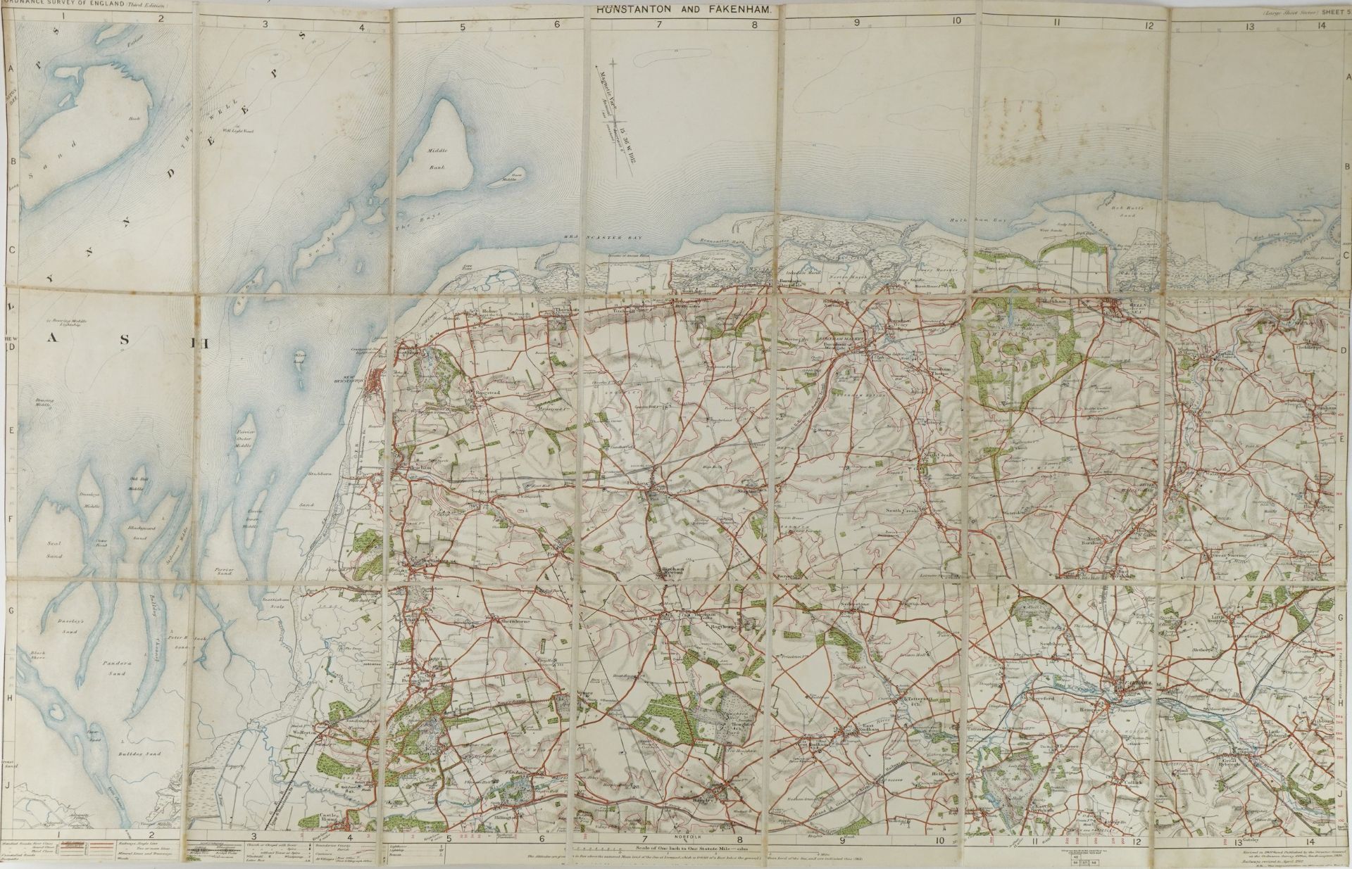 Folding linen backed map of Hunstanton & Fakenham dated 1912, 16.5cm x 10cm when closed