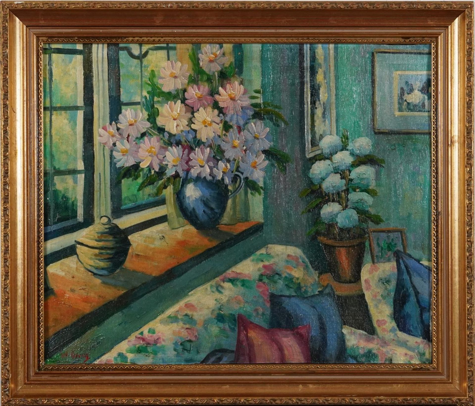 Manner of William Dring - Interior scene with still life flowers, oil on board, mounted and - Bild 2 aus 5