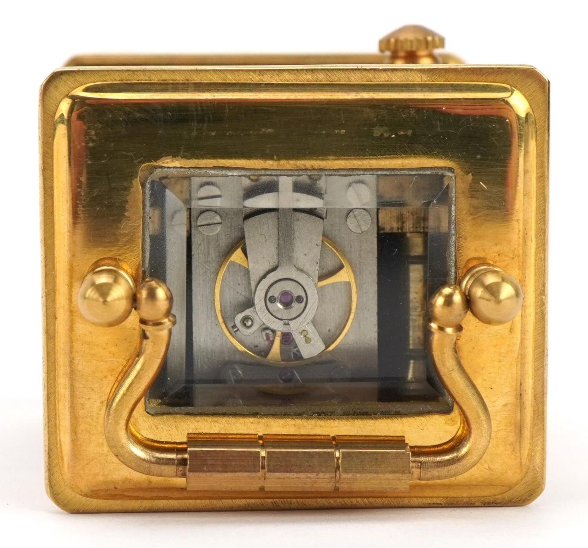 Miniature brass carriage clock with porcelain panels and Roman numeral dial, 6cm high - Bild 4 aus 5