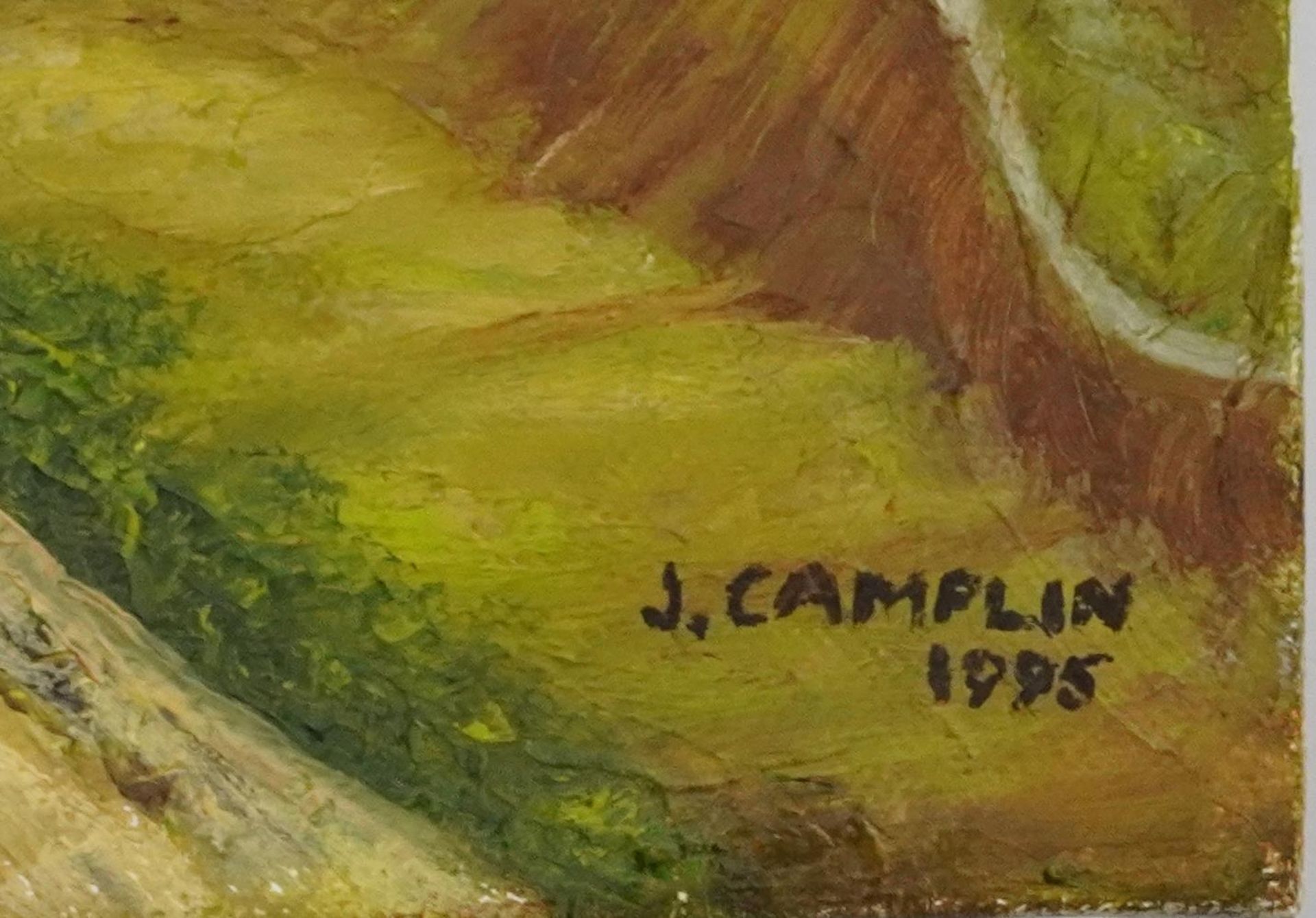 J Camplin 1995 - Glen Coe, mountainous Scottish landscape, signed oil on canvas, unframed, 41cm x - Image 2 of 3