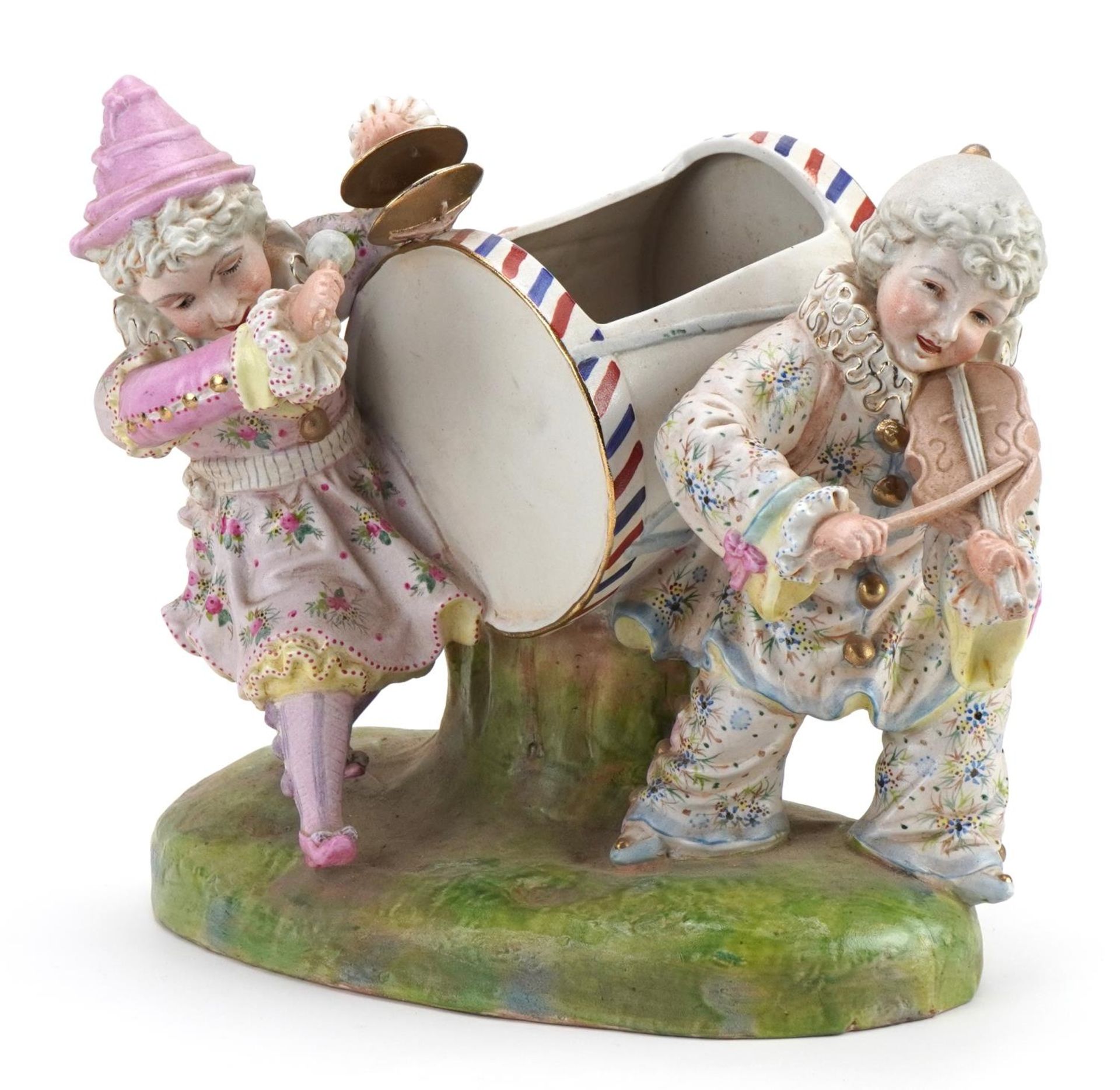 Victorian bisque figural centrepiece of two young musicians with drum, 37cm wide