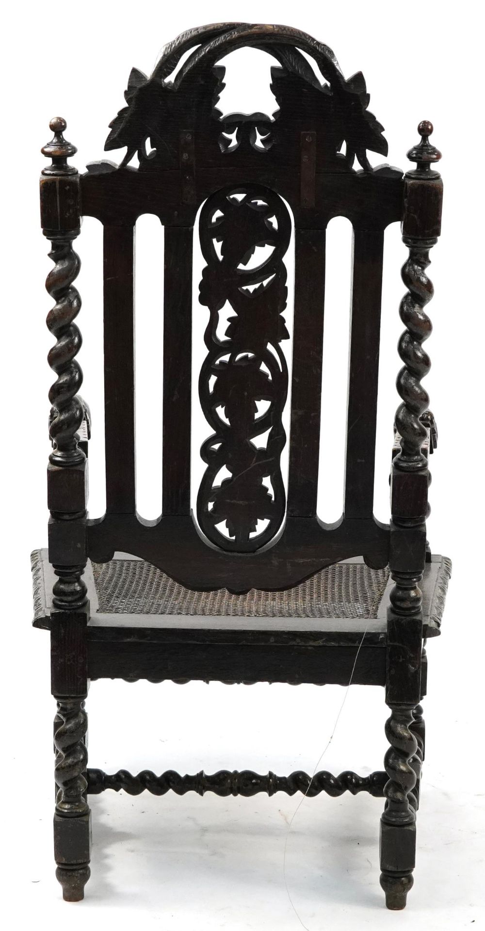 Antique barley twist oak chair carved with grapevine and cane bergere seat, 130cm high - Bild 3 aus 3