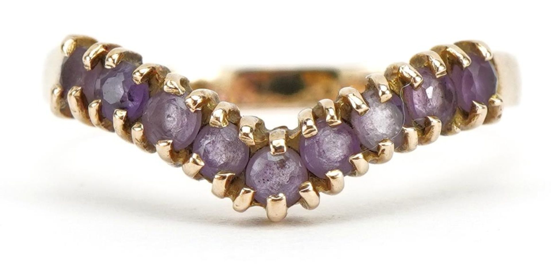 9ct gold amethyst wishbone ring, size N, 1.5g