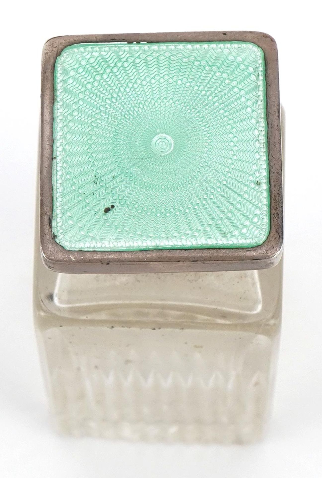 William Neale & Son Ltd, Art Deco cut glass scent bottle with silver and green guilloche enamelled - Image 4 of 5