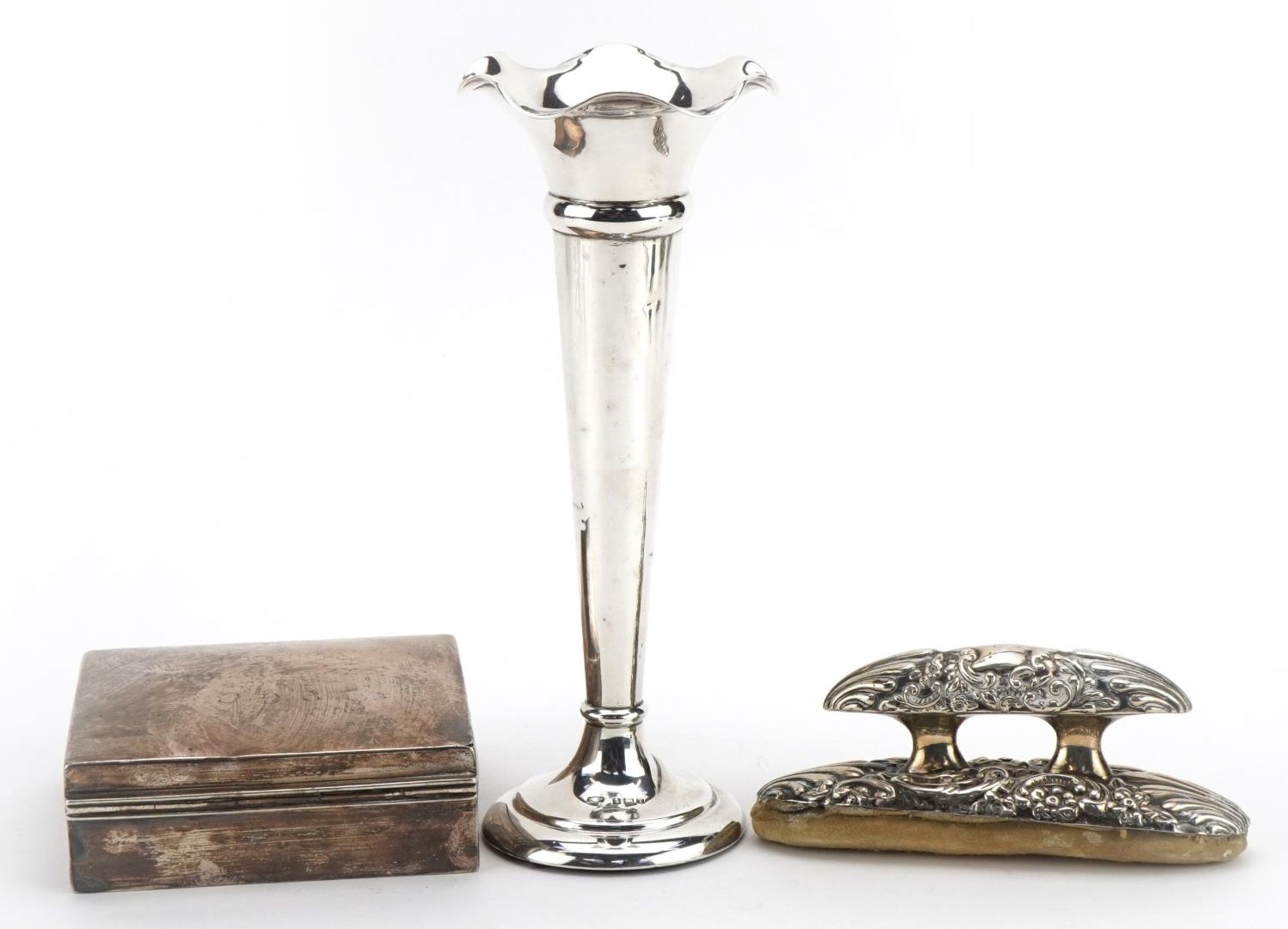 Silver objects comprising square cigarette case, trumpet bud vase and silver mounted ink blotter, - Image 2 of 4