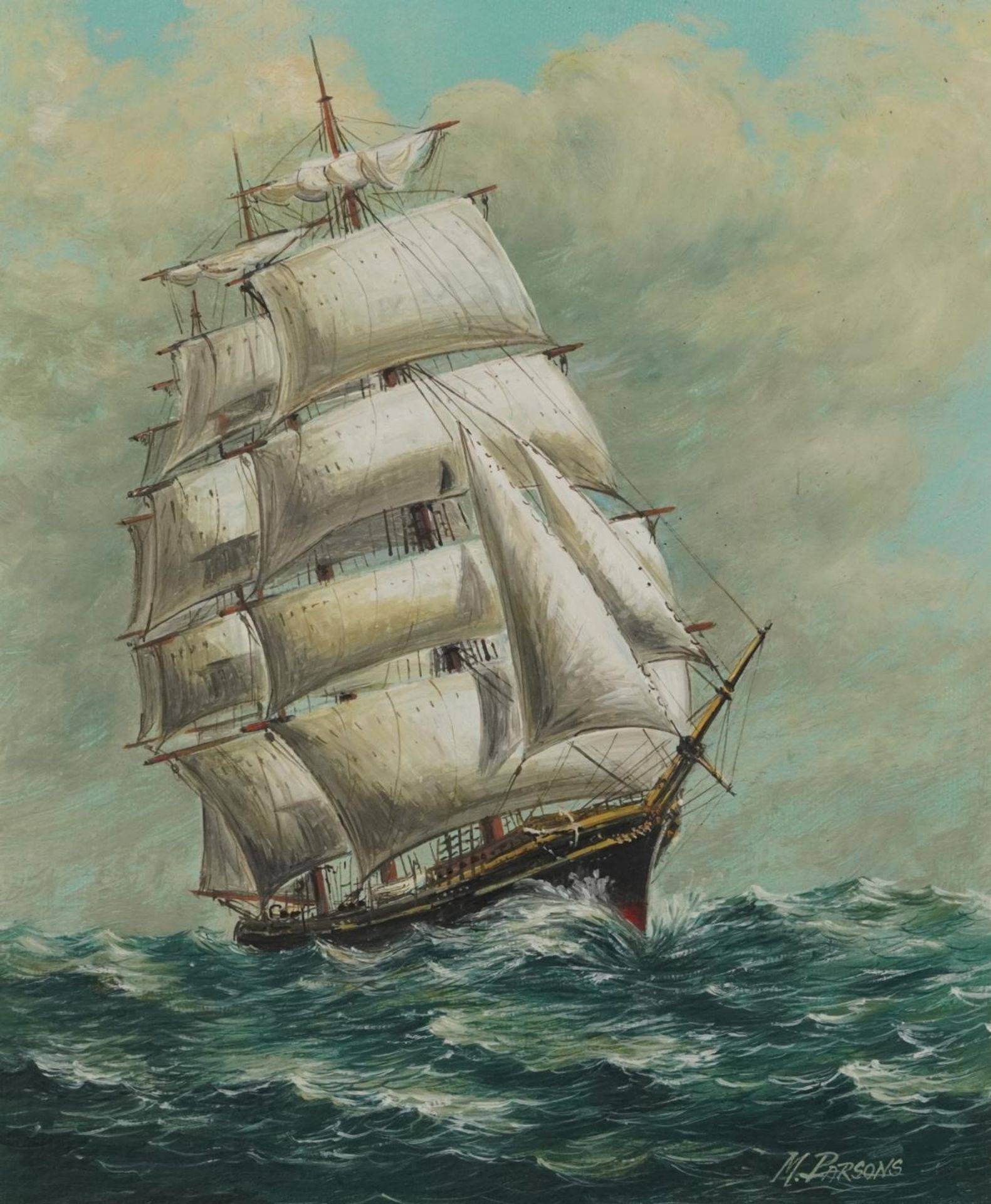 Max Parsons - Schooner at Sea, maritime interest oil on board, mounted and framed, 29cm x 24.5cm