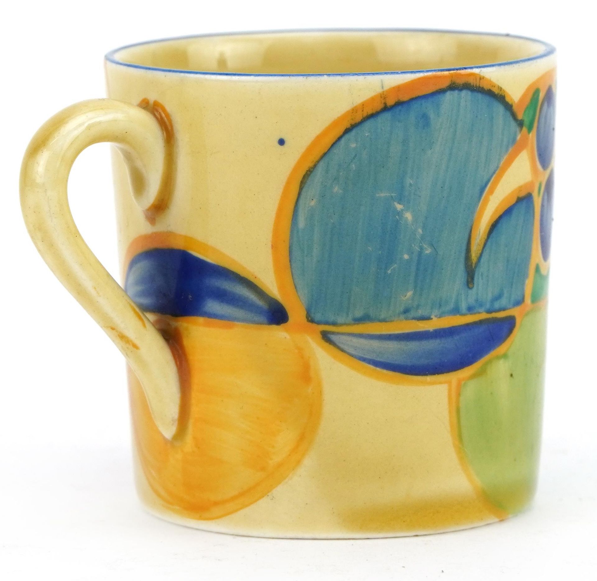 Clarice Cliff, Art Deco Fantasque coffee can hand painted with pastel melons, 5.5cm high - Image 2 of 3