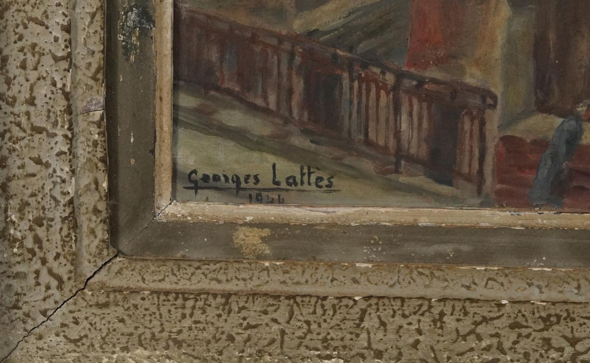 Georges Lattes 1944 - Street scene with figure and dog, French oil on board, label verso, mounted - Image 3 of 6