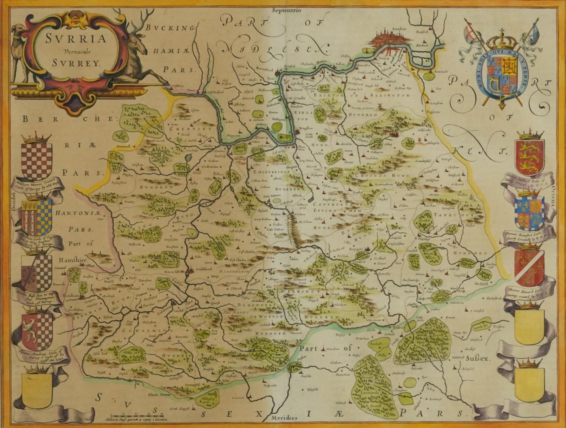 Map of Surrey, antique hand coloured map with crests, mounted, framed and glazed, 50cm x 39cm