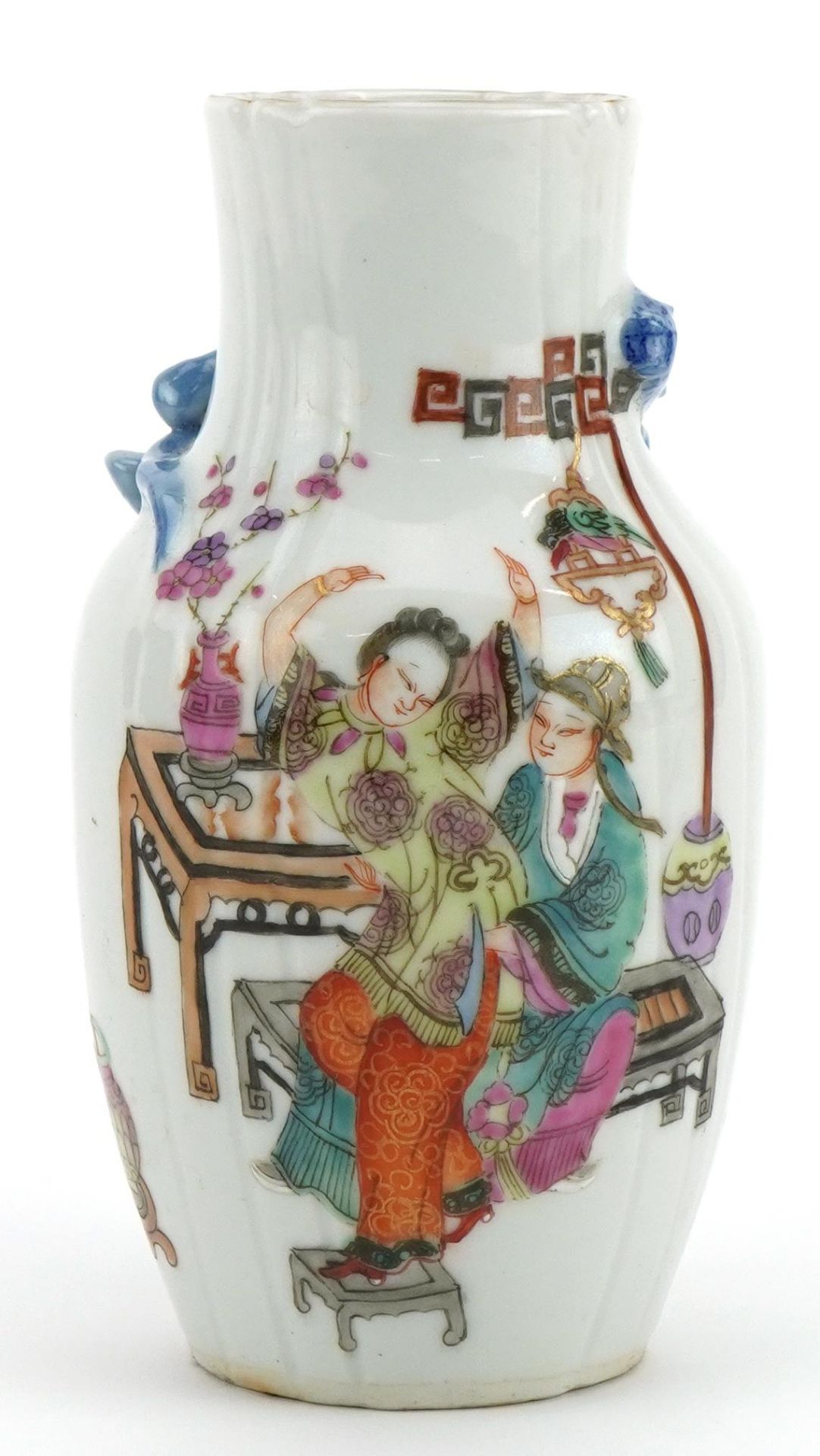 Chinese porcelain vase hand painted in the famille rose palette with two figures and decorated in