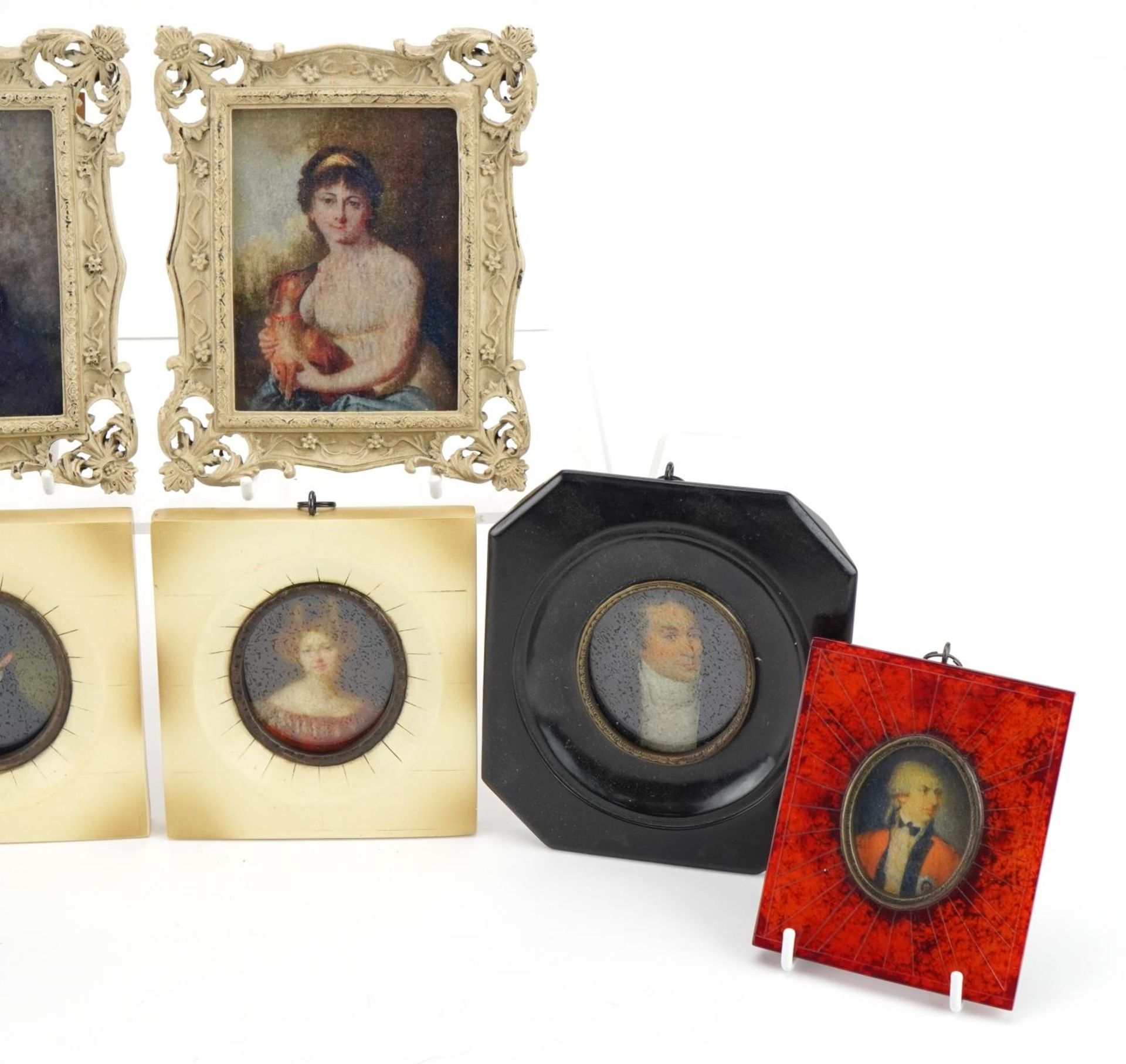 Eight portrait miniatures including female with a dog and gentlemen wearing cravats, the largest - Image 3 of 5