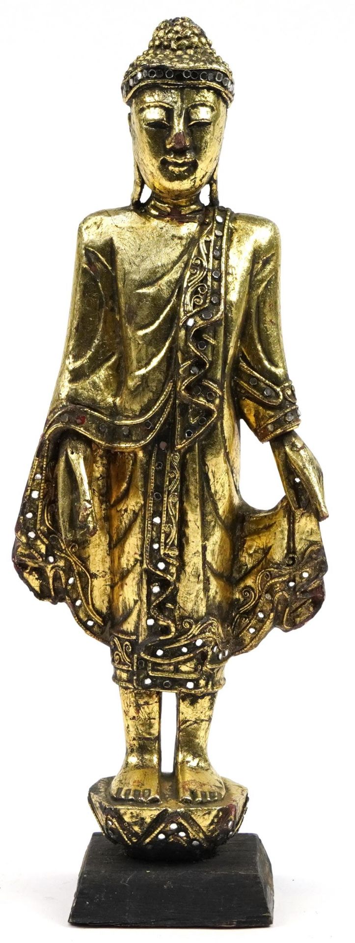 Tibetan lacquered giltwood figure of standing Buddha on stand, overall 46cm high
