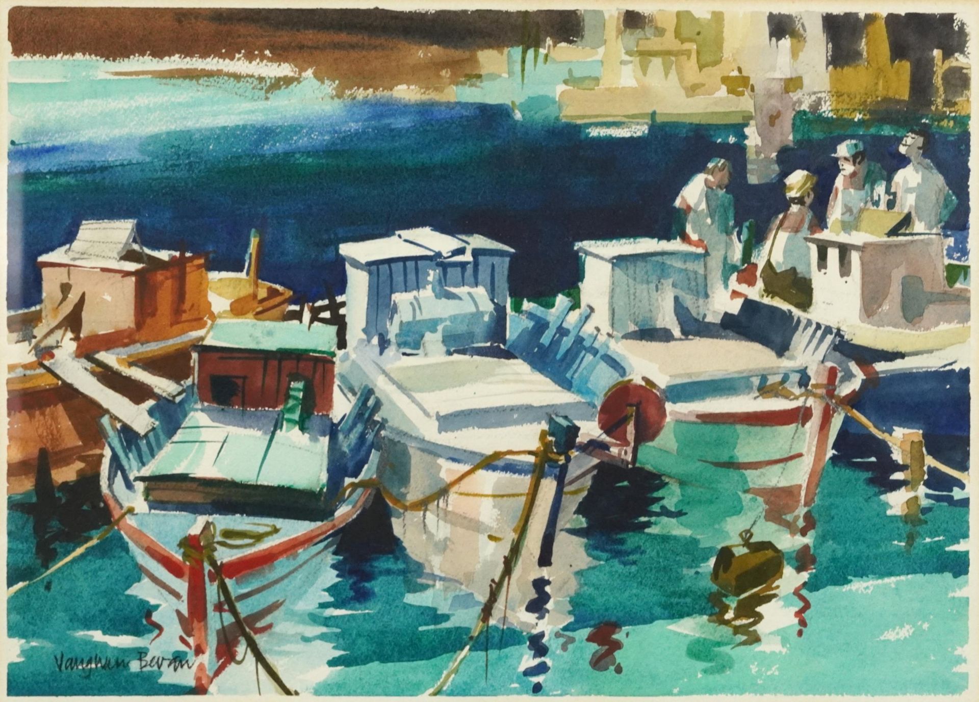 Vaughan Gwilliam Bevan - Fishing boats, Greece, watercolour, Penns Fine Art Gallery label verso,