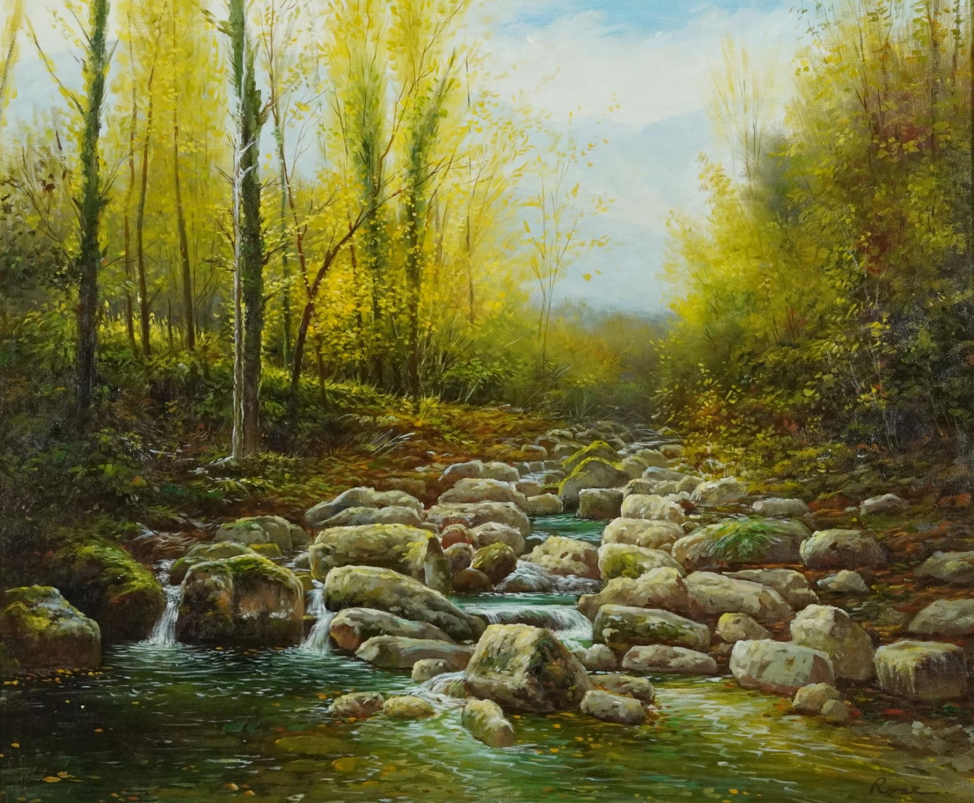 Wooded landscape with rocky waterfall, oil on canvas, mounted and framed, 60cm x 49.5cm excluding