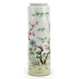 Chinese porcelain cylindrical vase hand painted in the famille rose palette with flowers, four