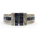 Art Deco style 9ct white gold sapphire and diamond cluster ring, size N, 3.0g