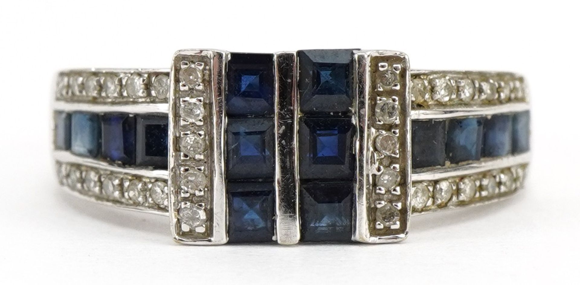 Art Deco style 9ct white gold sapphire and diamond cluster ring, size N, 3.0g