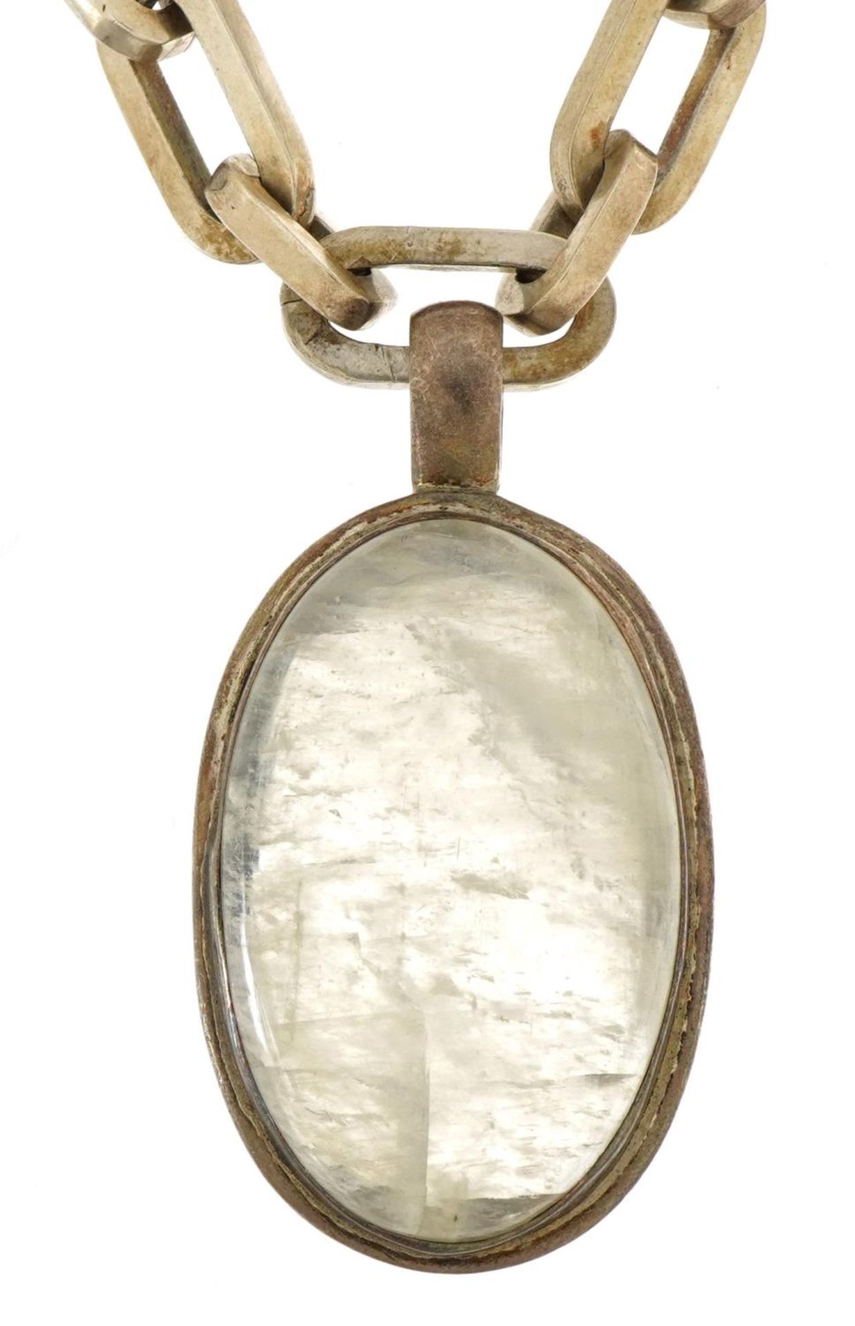 Heavy white metal necklace with large rock crystal pendant, 6cm high and 52cm in length, 158.0g