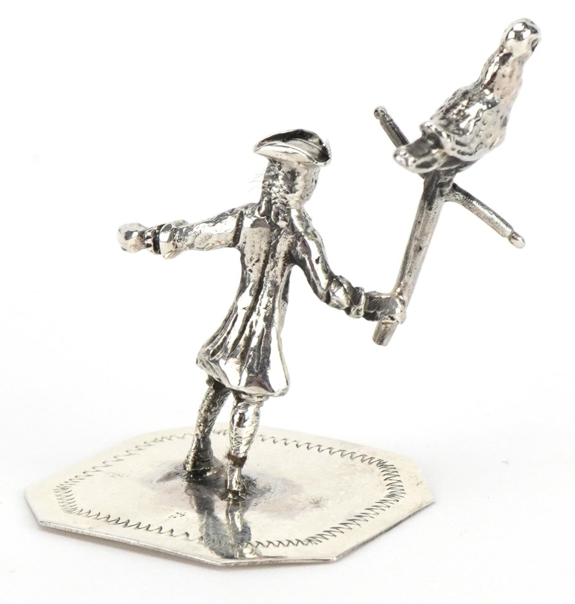 Miniature sterling silver figure of a gentleman holding a bird on a perch, 4cm high, 13.5g - Image 2 of 4