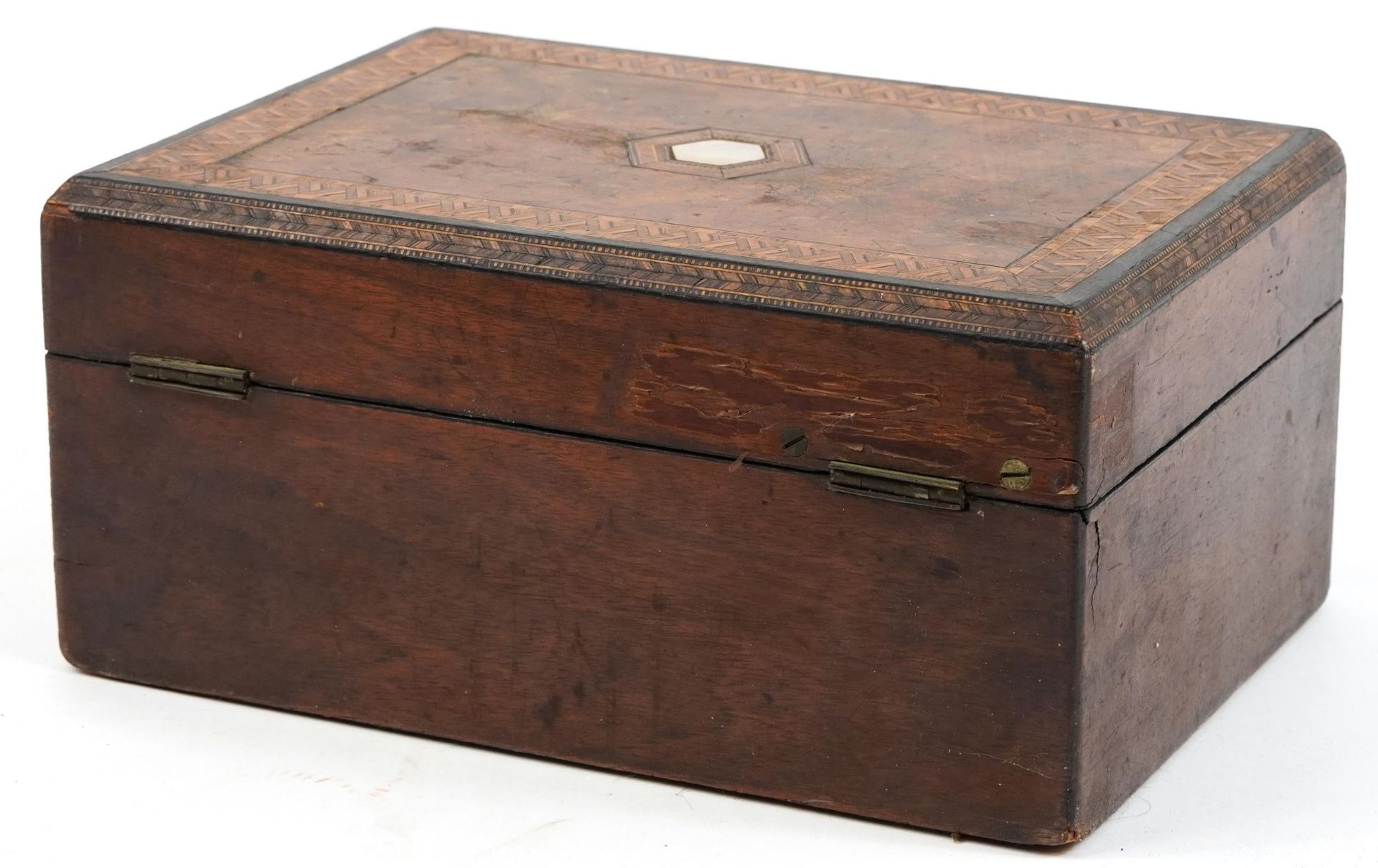 19th century inlaid burr walnut workbox with mother of pearl inlay, 13cm H x 27.5cm W x 20cm D - Bild 2 aus 3