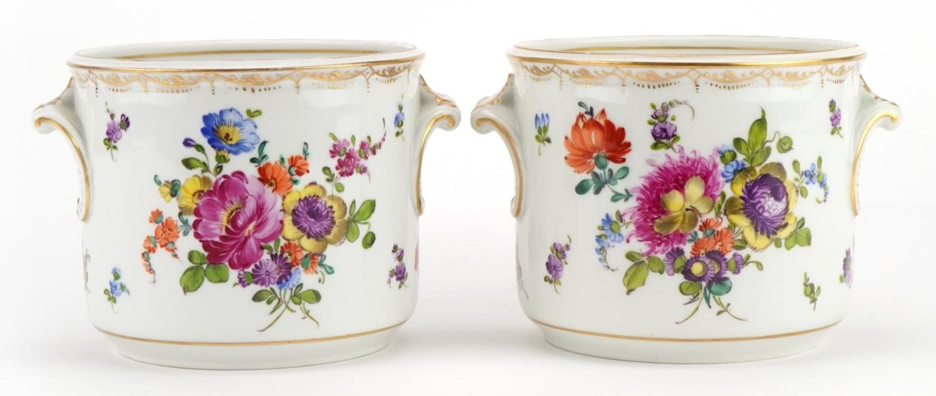 Augustus Rex, pair of German porcelain cache pots with twin handles, each hand painted with flowers,