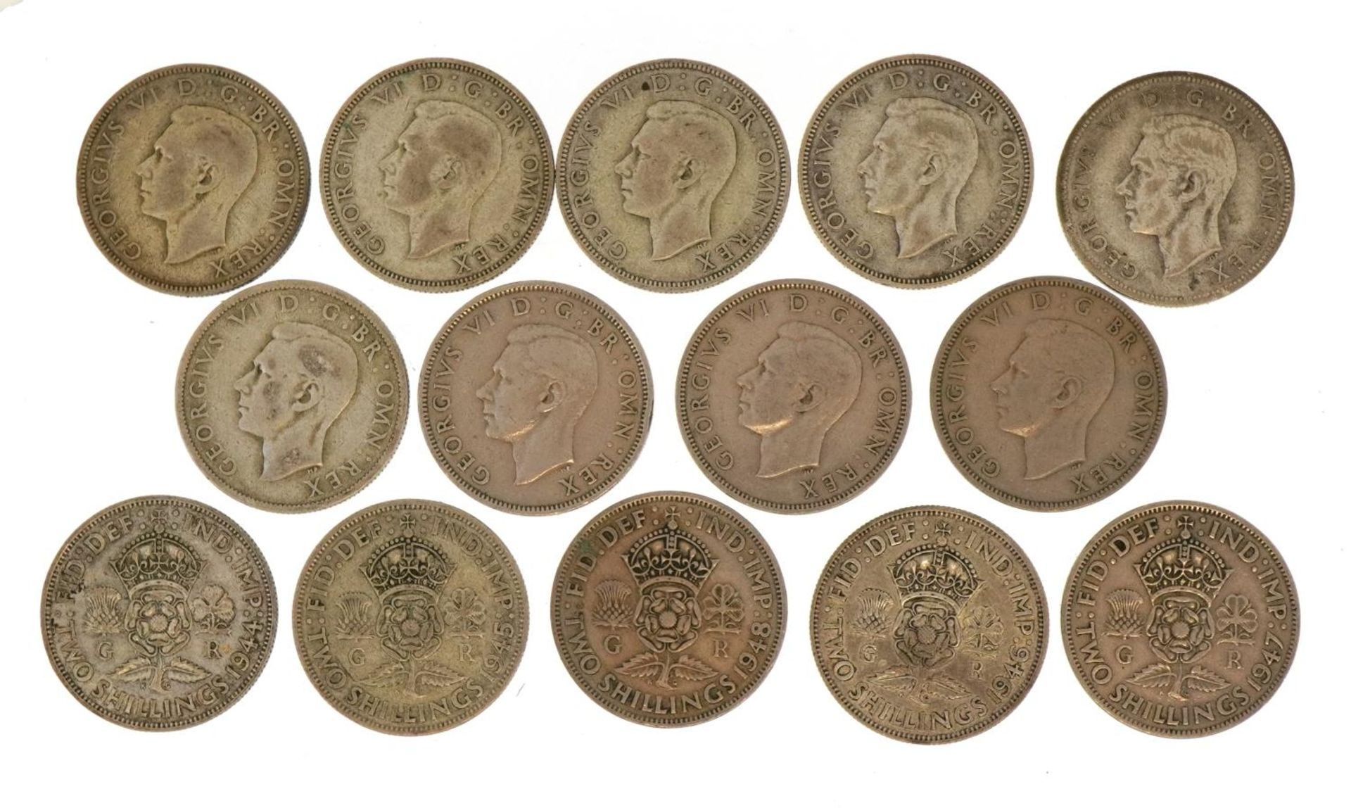 Fourteen George VI two shillings, 1938-1951, approximately 156g