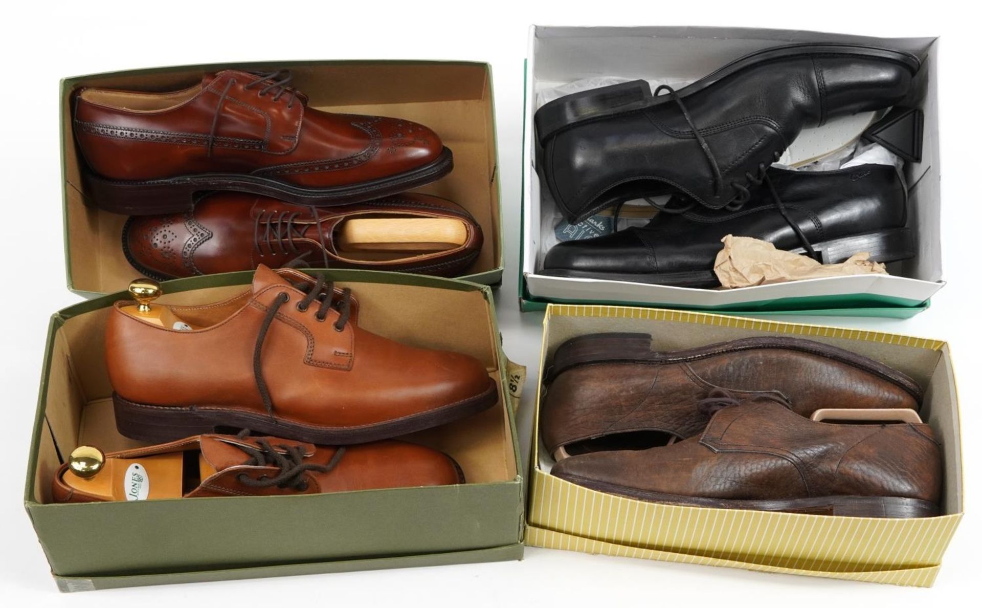 Four pairs of gentlemen's shoes with boxes, some as new, comprising Clarks Active Air size 10, Jones