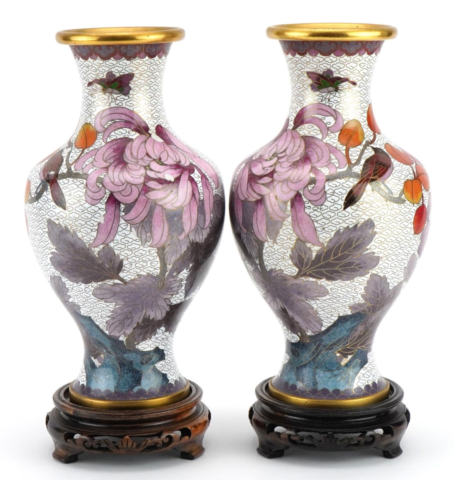 Pair of Chinese cloisonne vases raised on hardwood stands, each enamelled with birds amongst