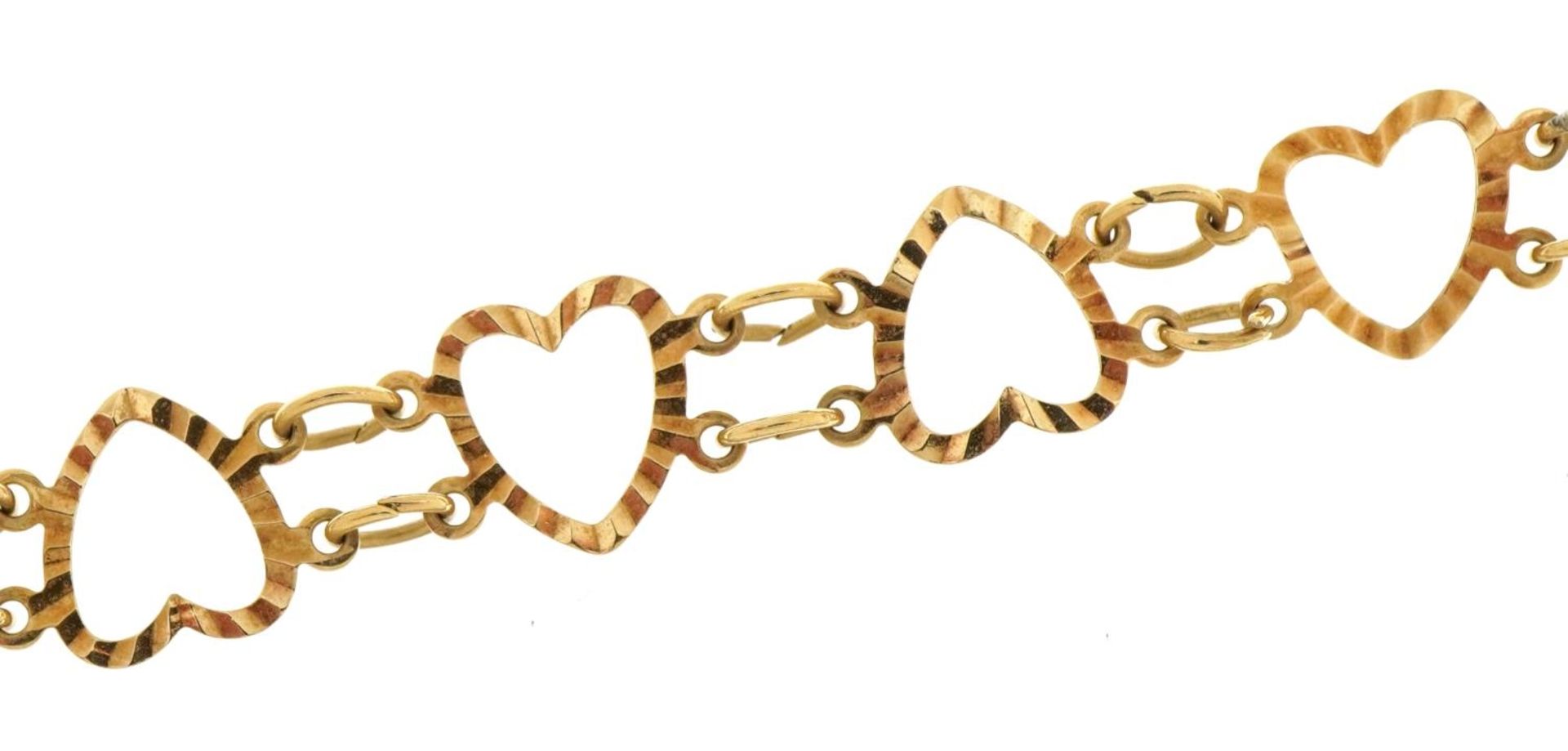 9ct gold love heart bracelet, 20cm in length, 3.3g