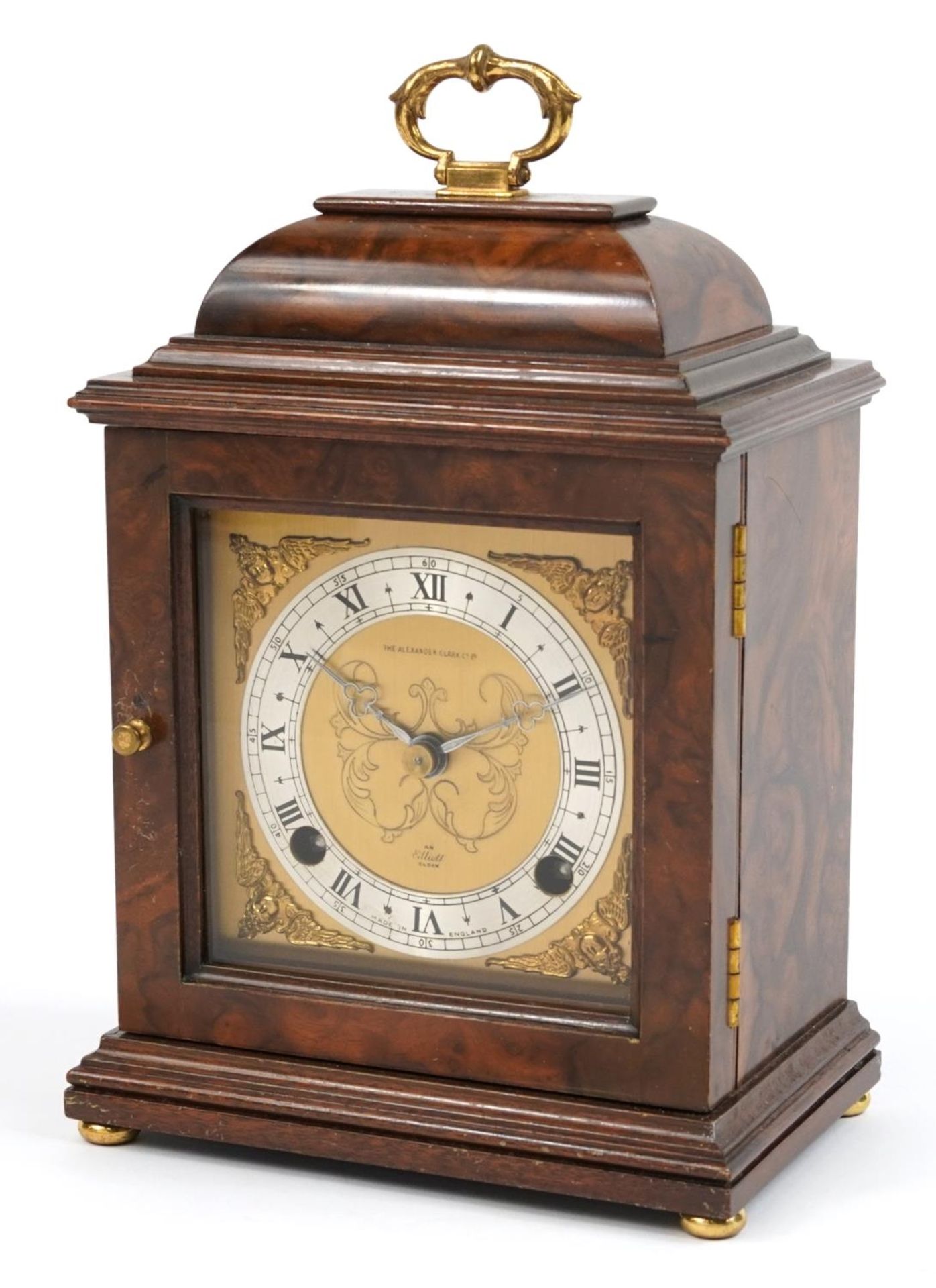 Burr walnut Elliott mantle clock retailed by The Alexander Clark Co Ltd, 26.5cm high